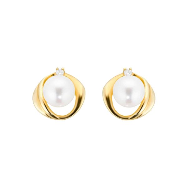 9ct Yellow Gold Fluid Pearl 0.04ct Stud Earrings